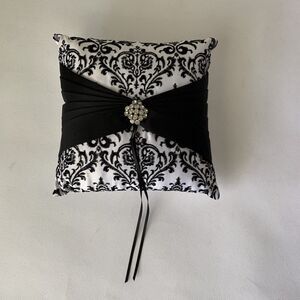Studio His&Hers Ring Pillow Damask Black White Rhinestone Floral Wedding Bearer
